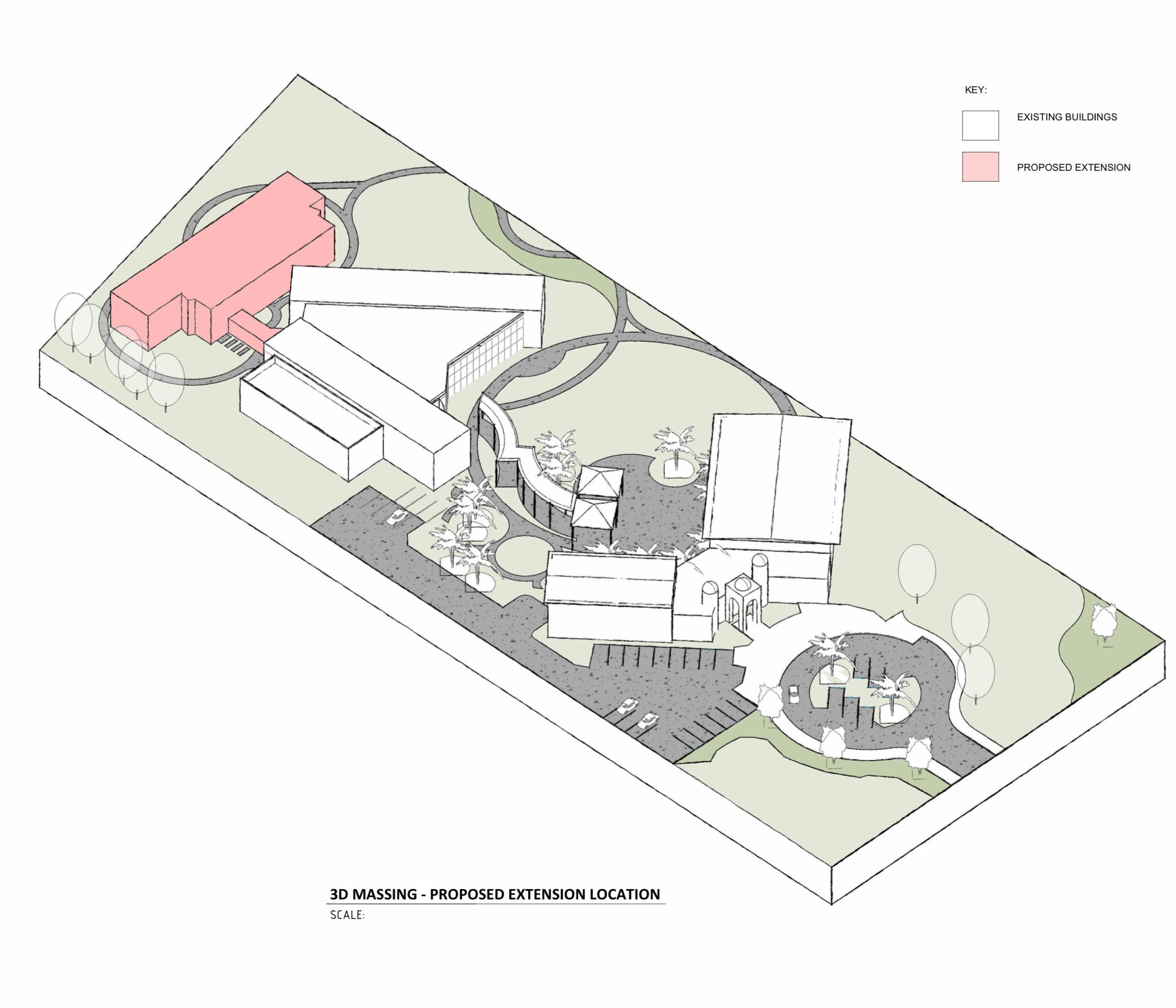 Architectural plan of a proposed extension location with labeled elements on a white background.